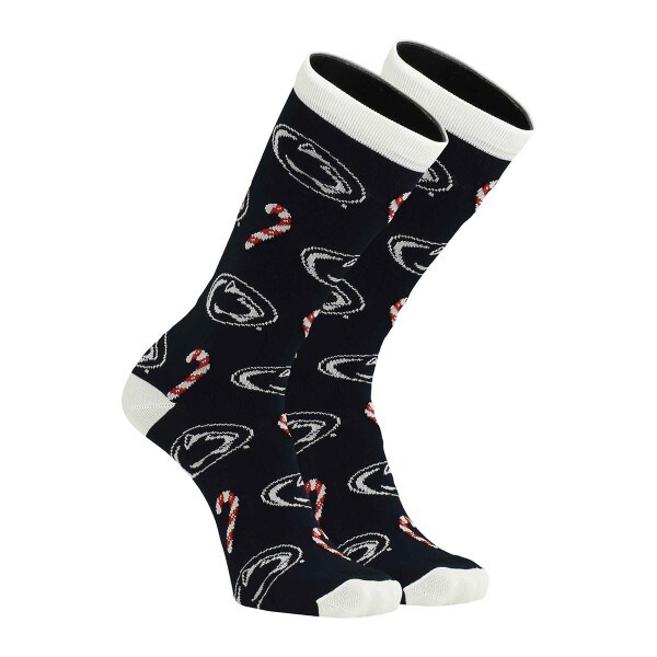 navy socks with Penn State Athletic Logos and candy canes